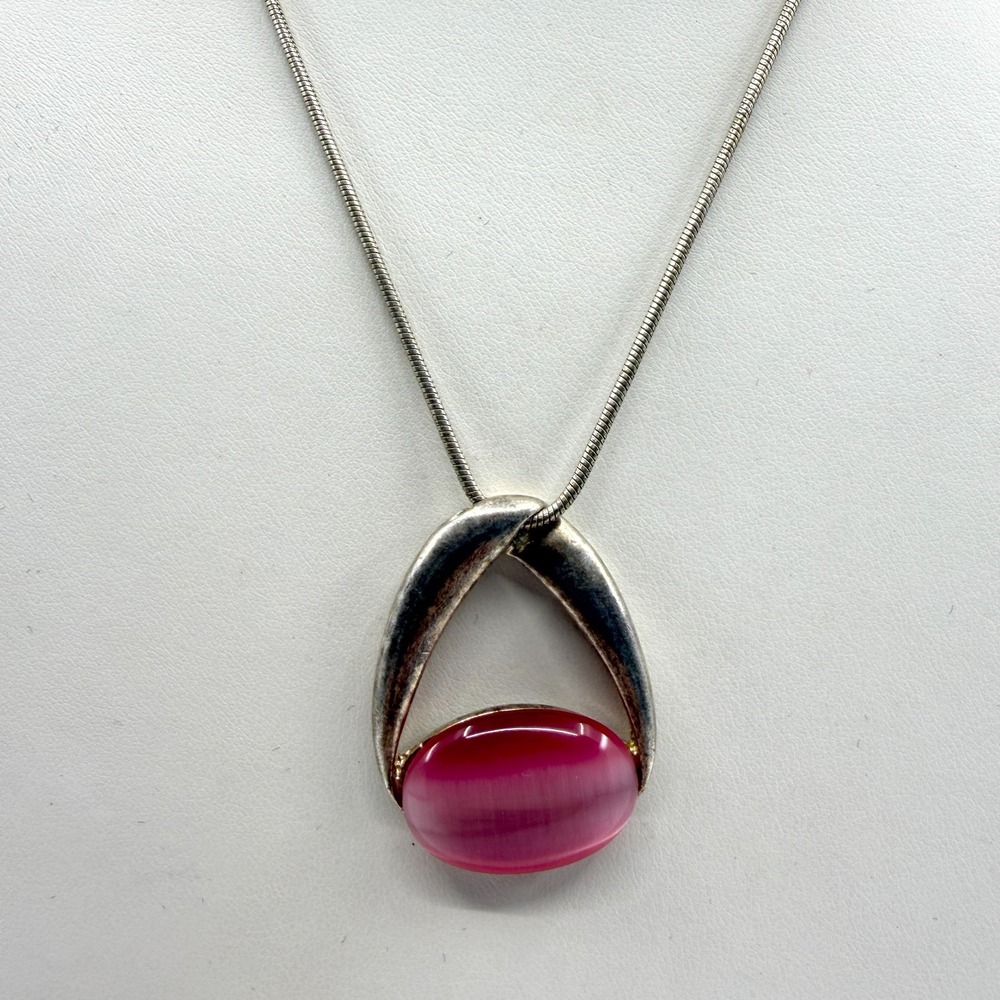 Elegant Pink Cat Eye Stone Wishbone Pendant Necklace Statement Silver Tone Gift
